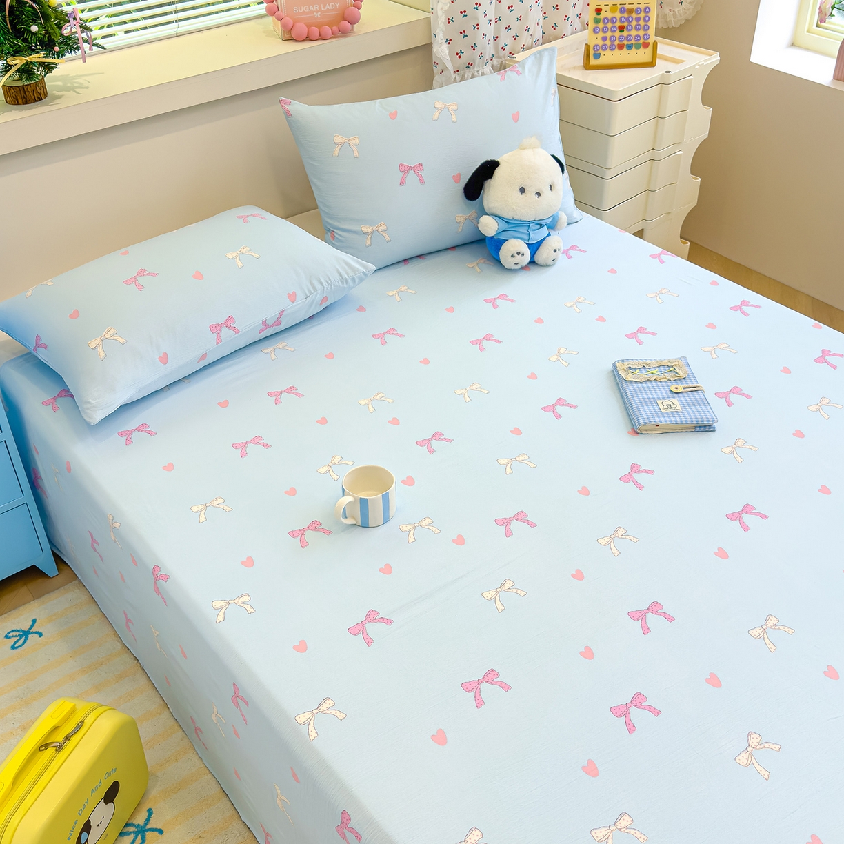 91家纺网 家纺一手货源 找家纺 颜选 2025新款A类双层纱单品床单床单单件床单三件套 蝴蝶结