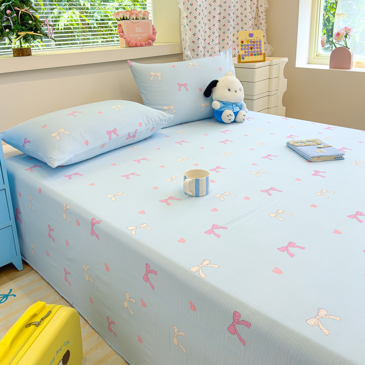 91家纺网 家纺一手货源 找家纺 颜选 2025新款A类双层纱单品床单床单单件床单三件套 蝴蝶结