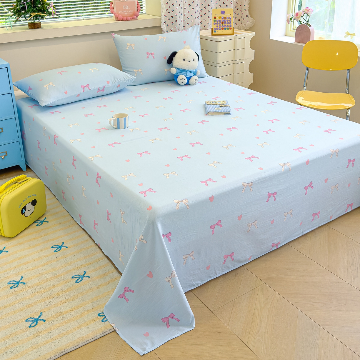 91家纺网 家纺一手货源 找家纺 颜选 2025新款A类双层纱单品床单床单单件床单三件套 蝴蝶结