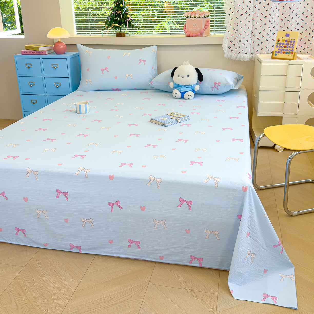 91家纺网 家纺一手货源 找家纺 颜选 2025新款A类双层纱单品床单床单单件床单三件套 蝴蝶结