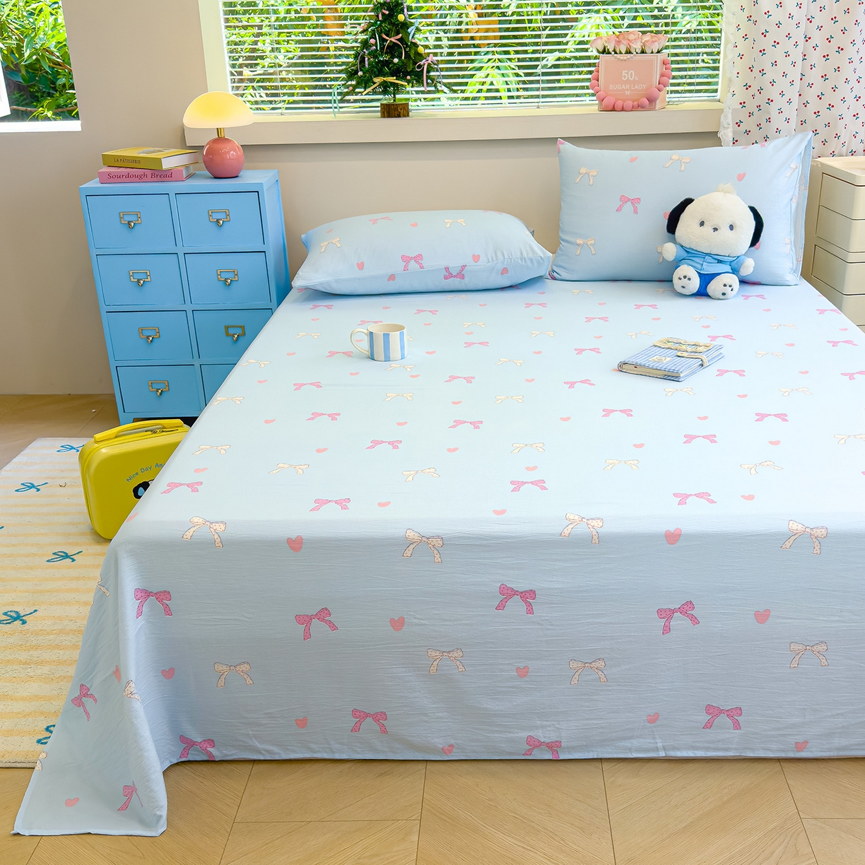 91家纺网 家纺一手货源 找家纺 颜选 2025新款A类双层纱单品床单床单单件床单三件套 蝴蝶结