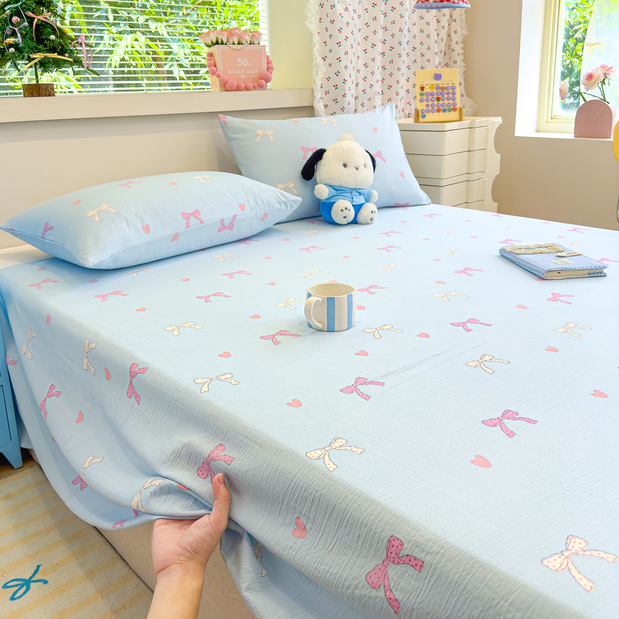 91家纺网 家纺一手货源 找家纺 颜选 2025新款A类双层纱单品床单床单单件床单三件套 蝴蝶结