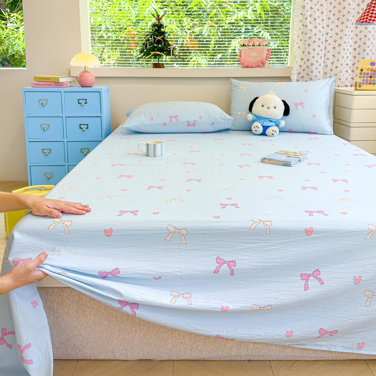 91家纺网 家纺一手货源 找家纺 颜选 2025新款A类双层纱单品床单床单单件床单三件套 蝴蝶结