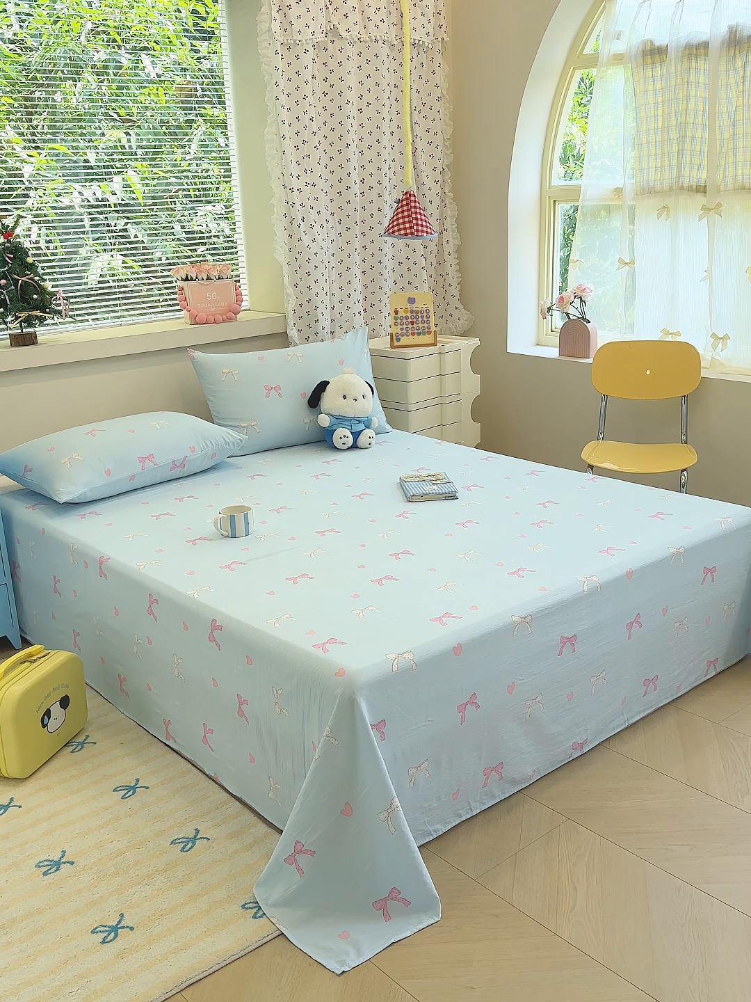 91家纺网 家纺一手货源 找家纺 颜选 2025新款A类双层纱单品床单床单单件床单三件套 蝴蝶结