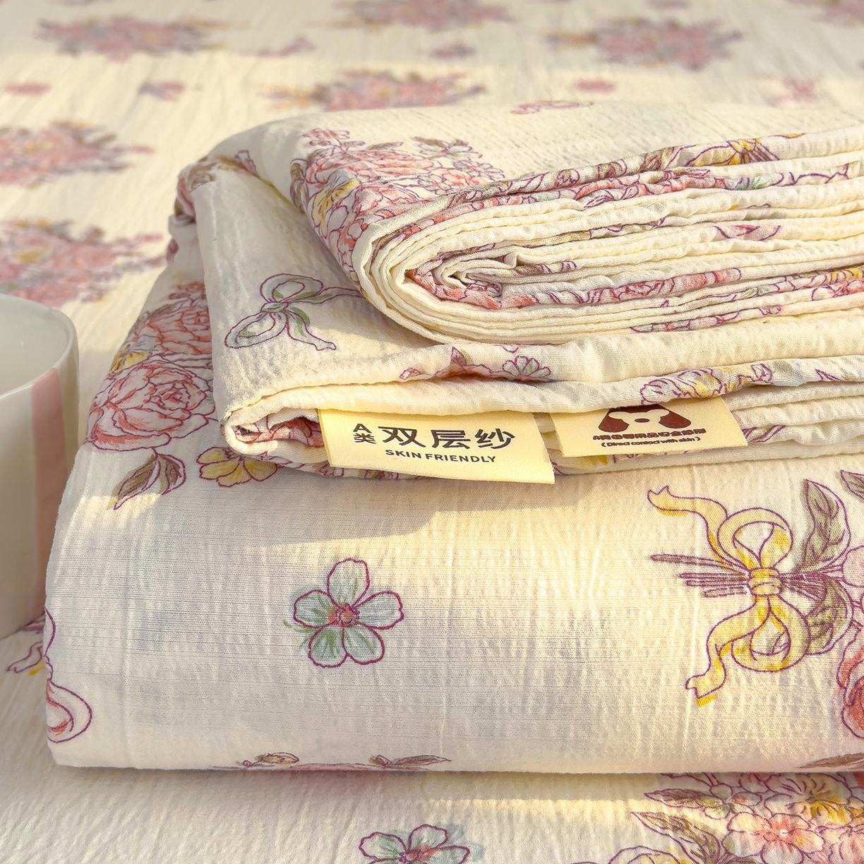 91家纺网 家纺一手货源 找家纺 颜选 2025新款A类双层纱单品床单床单单件床单三件套 淡雅笺