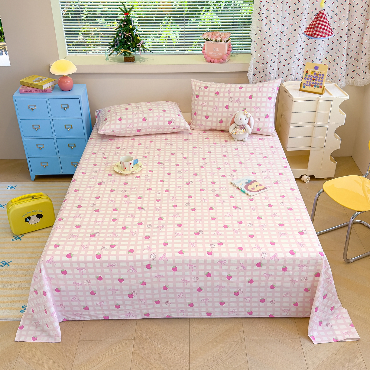 颜选 2025新款A类双层纱单品床单床单单件床单三件套 草莓蝴蝶结