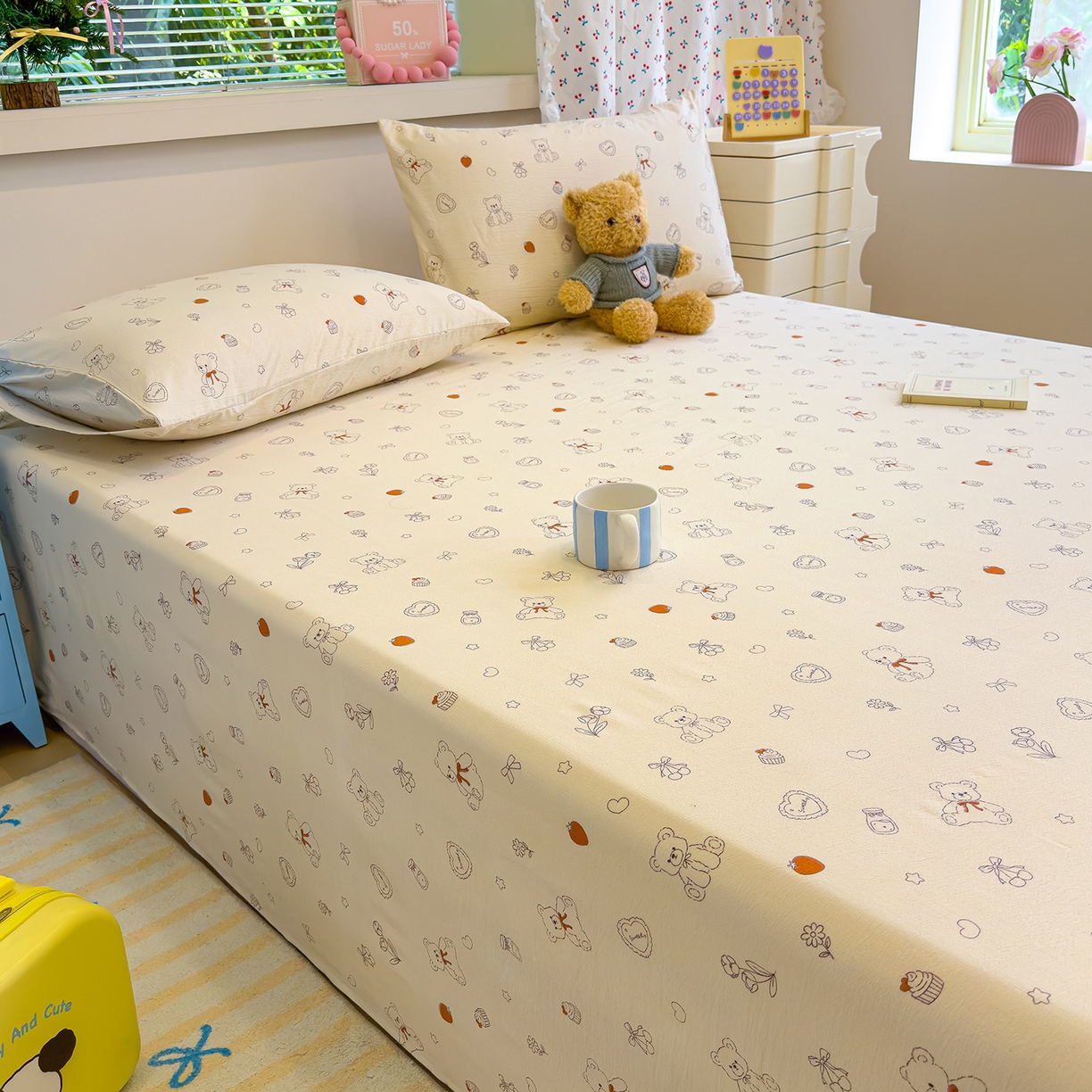 91家纺网 家纺一手货源 找家纺 颜选 2025新款A类双层纱单品床单床单单件床单三件套 玩偶幻想曲