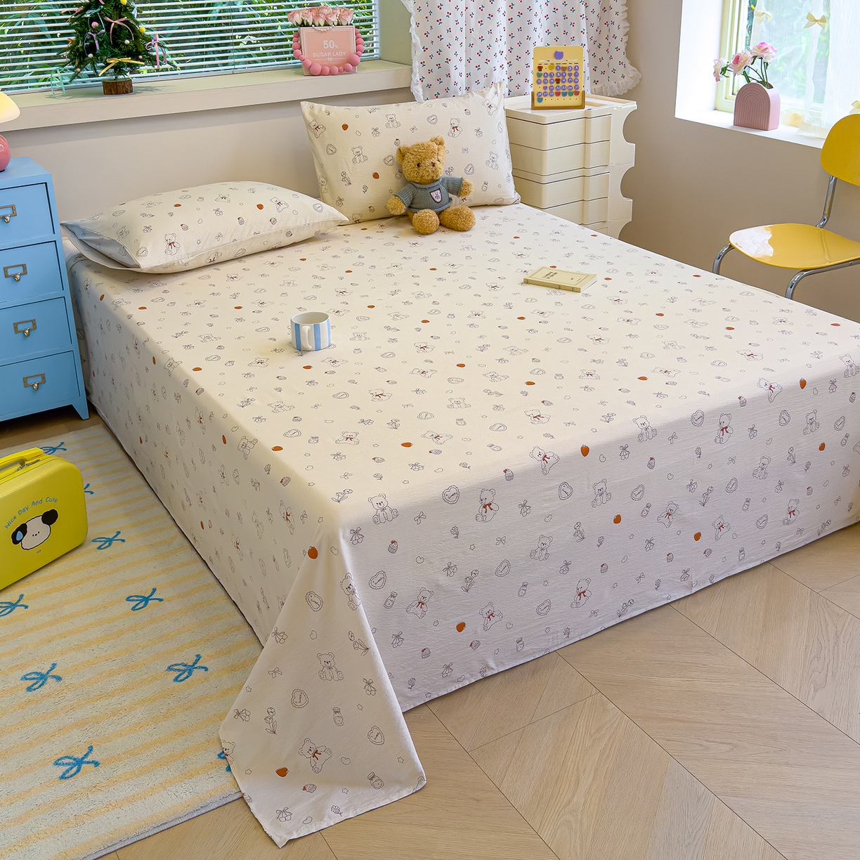 91家纺网 家纺一手货源 找家纺 颜选 2025新款A类双层纱单品床单床单单件床单三件套 玩偶幻想曲