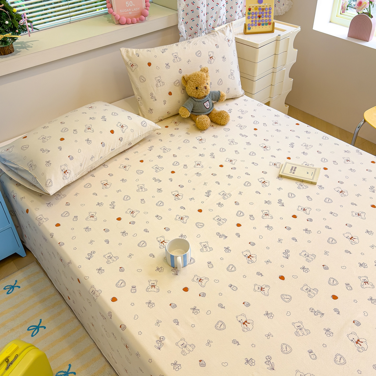 91家纺网 家纺一手货源 找家纺 颜选 2025新款A类双层纱单品床单床单单件床单三件套 玩偶幻想曲