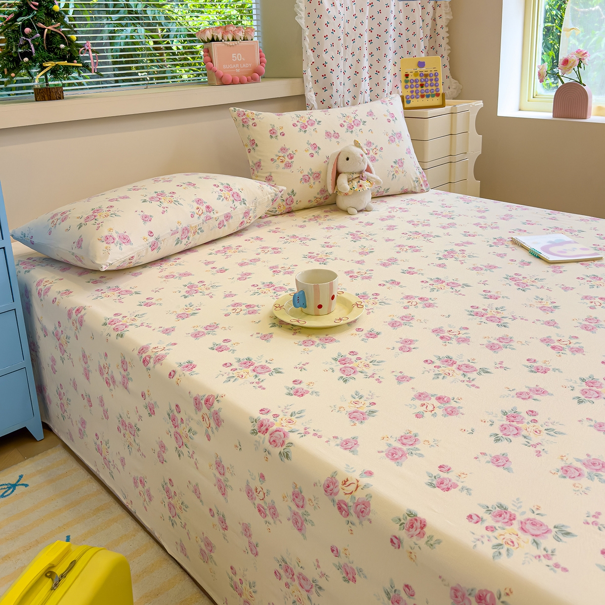 91家纺网 家纺一手货源 找家纺 颜选 2025新款A类双层纱单品床单床单单件床单三件套 双层纱花期