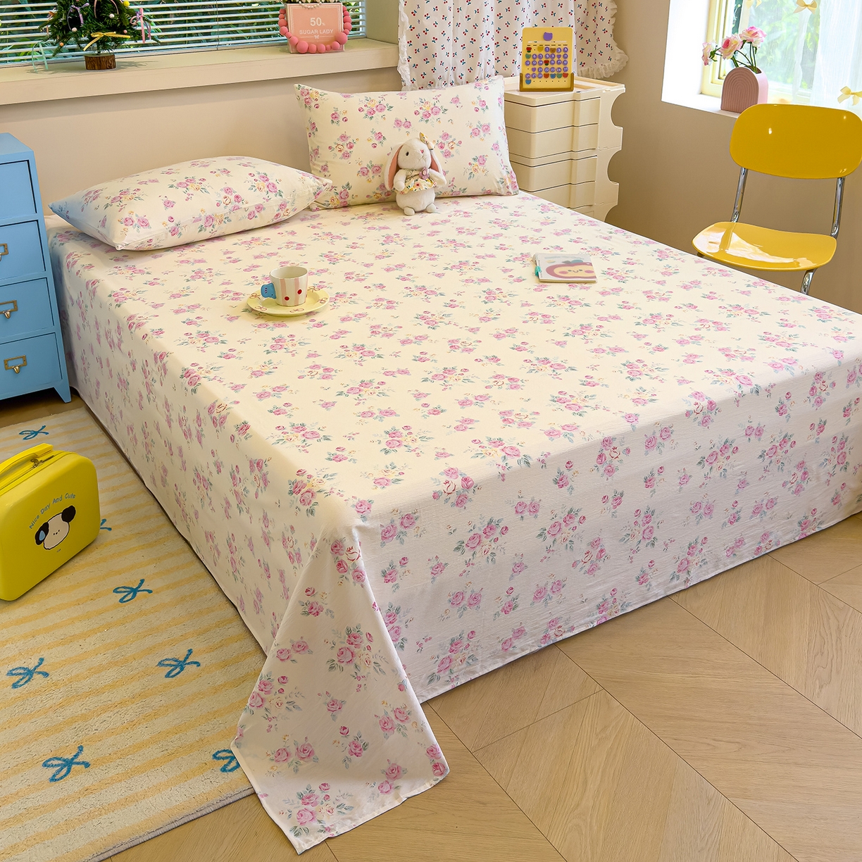 91家纺网 家纺一手货源 找家纺 颜选 2025新款A类双层纱单品床单床单单件床单三件套 双层纱花期