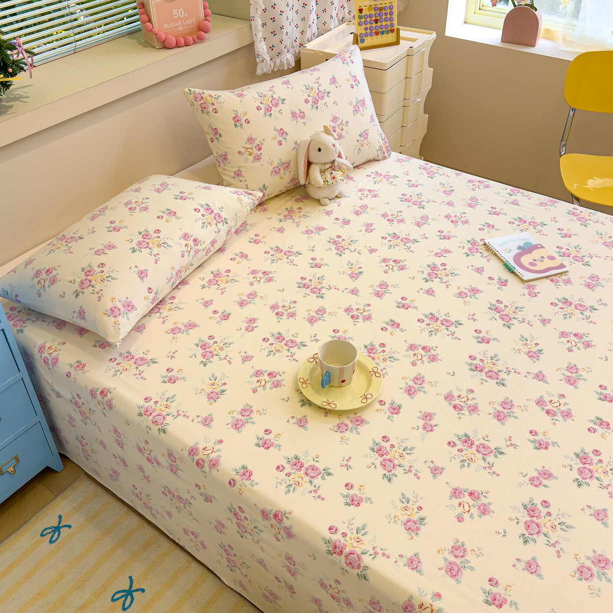 91家纺网 家纺一手货源 找家纺 颜选 2025新款A类双层纱单品床单床单单件床单三件套 双层纱花期