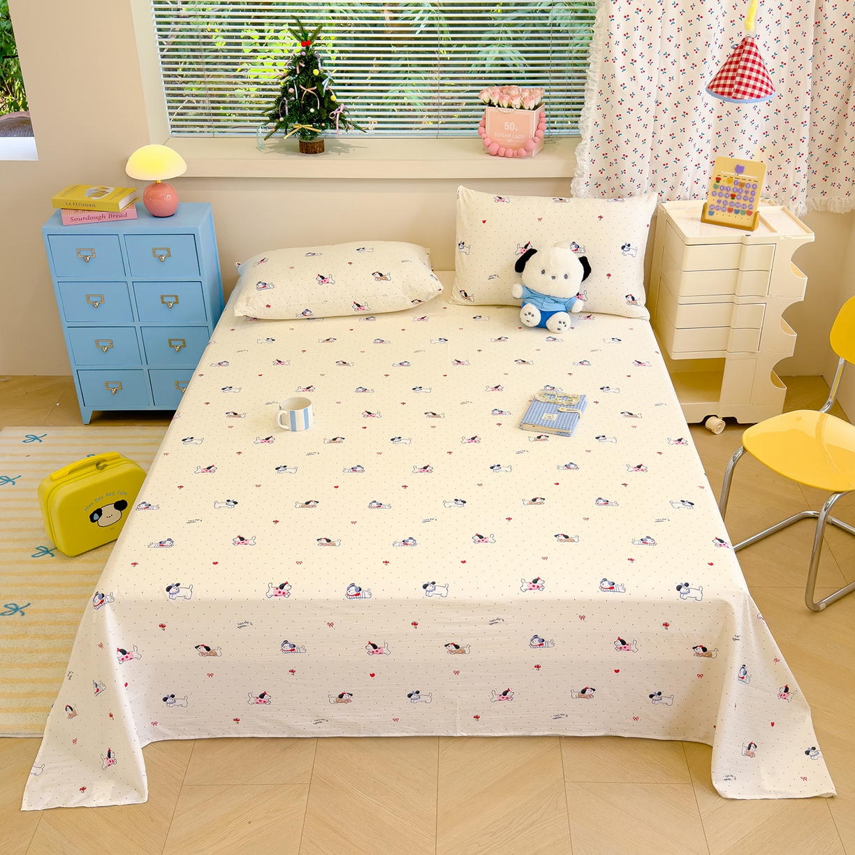 颜选 2025新款A类双层纱单品床单床单单件床单三件套 狗狗派对