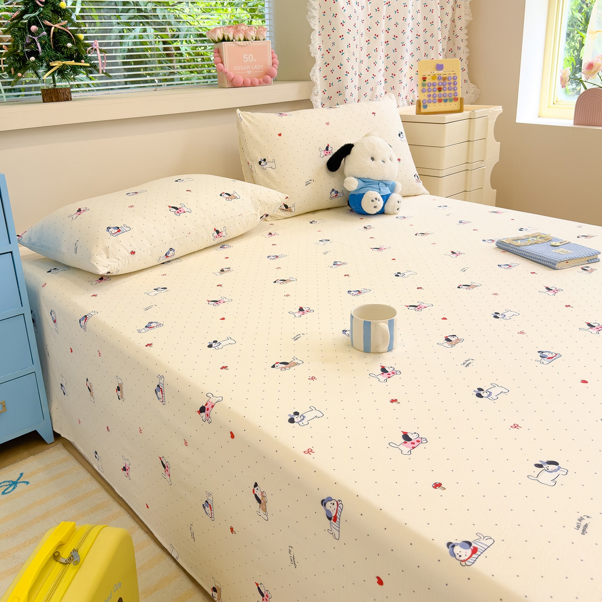 91家纺网 家纺一手货源 找家纺 颜选 2025新款A类双层纱单品床单床单单件床单三件套 狗狗派对