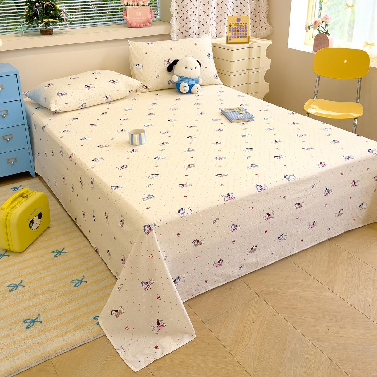 91家纺网 家纺一手货源 找家纺 颜选 2025新款A类双层纱单品床单床单单件床单三件套 狗狗派对