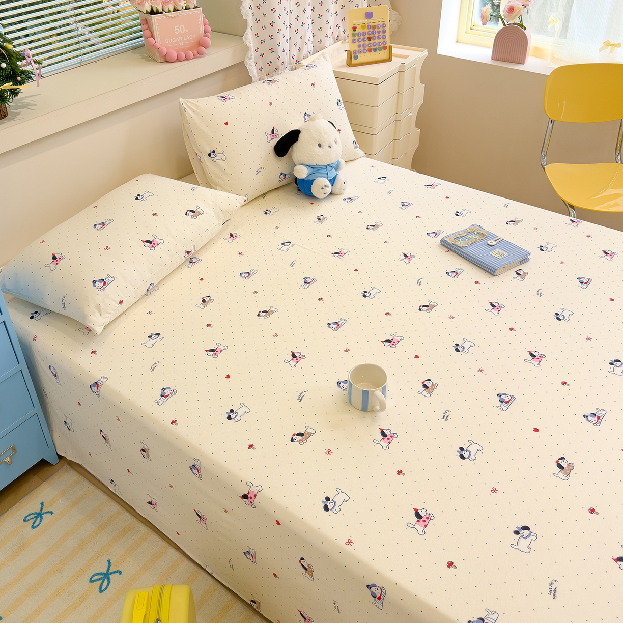 91家纺网 家纺一手货源 找家纺 颜选 2025新款A类双层纱单品床单床单单件床单三件套 狗狗派对