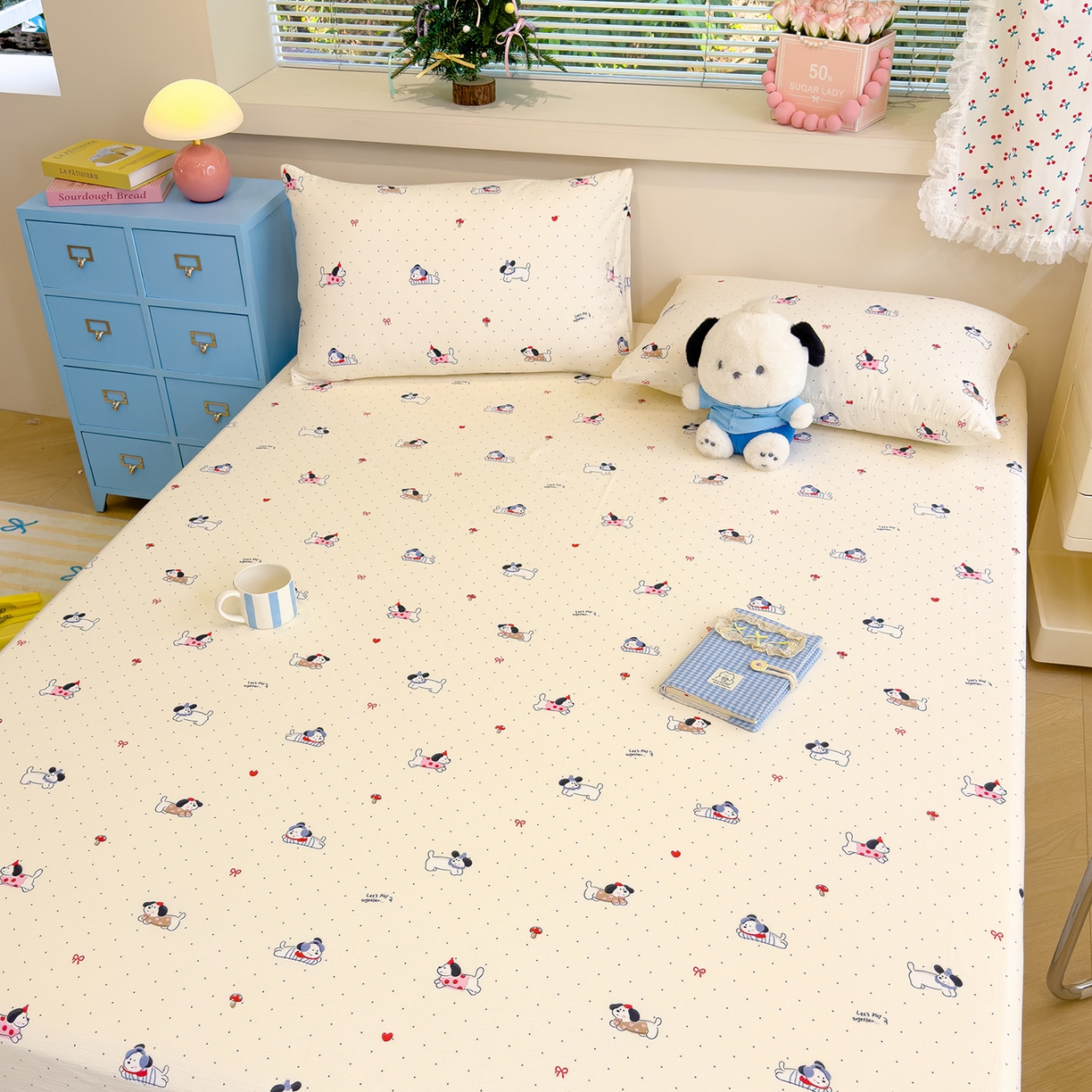 91家纺网 家纺一手货源 找家纺 颜选 2025新款A类双层纱单品床单床单单件床单三件套 狗狗派对