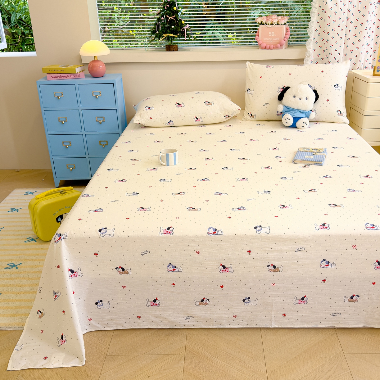 91家纺网 家纺一手货源 找家纺 颜选 2025新款A类双层纱单品床单床单单件床单三件套 狗狗派对