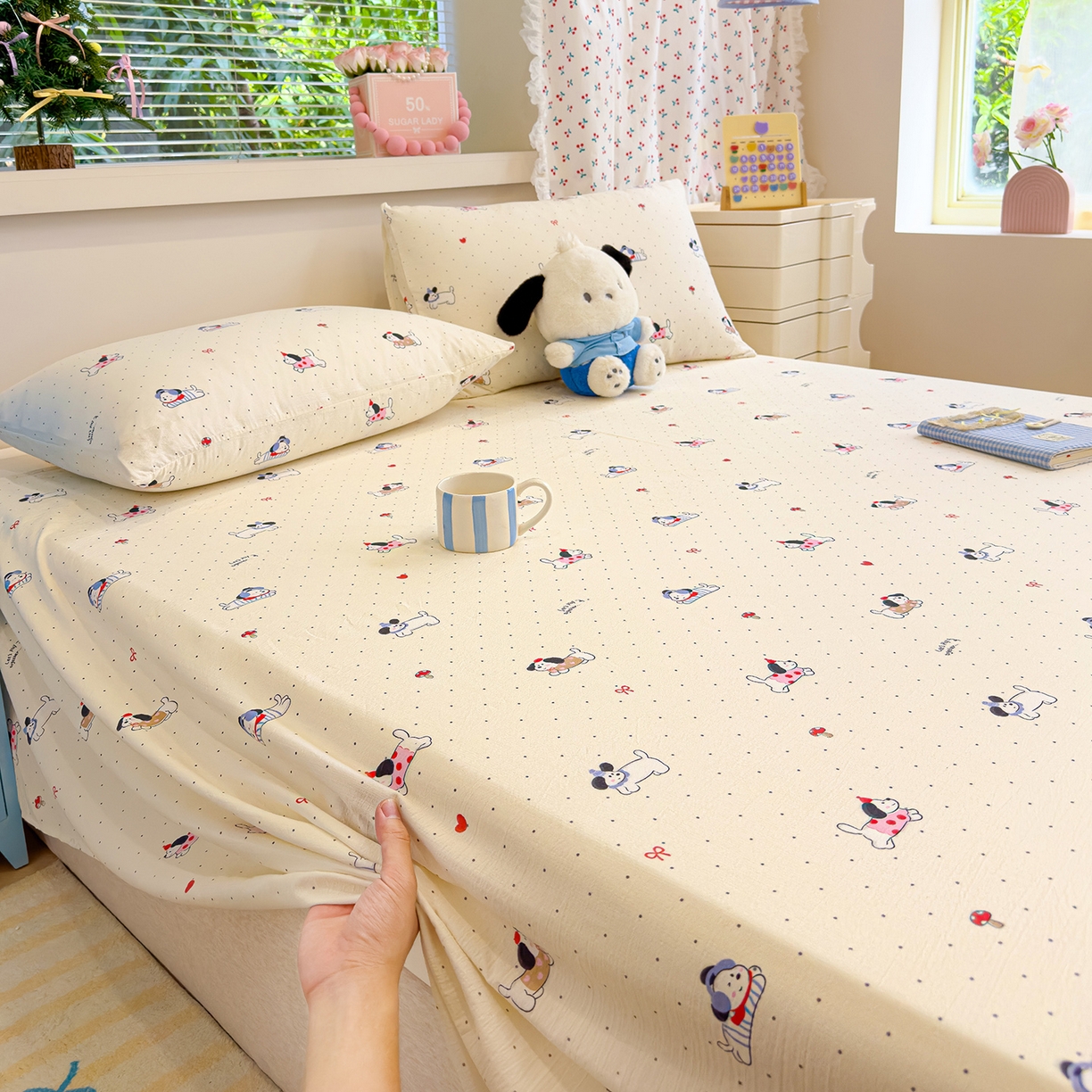 91家纺网 家纺一手货源 找家纺 颜选 2025新款A类双层纱单品床单床单单件床单三件套 狗狗派对