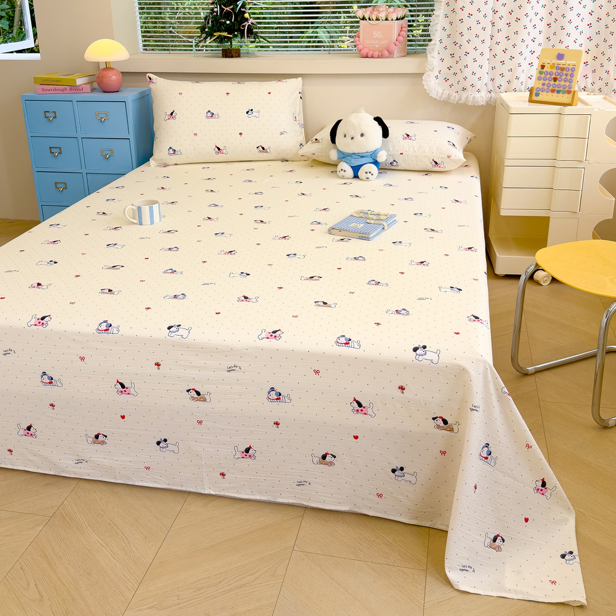 91家纺网 家纺一手货源 找家纺 颜选 2025新款A类双层纱单品床单床单单件床单三件套 狗狗派对