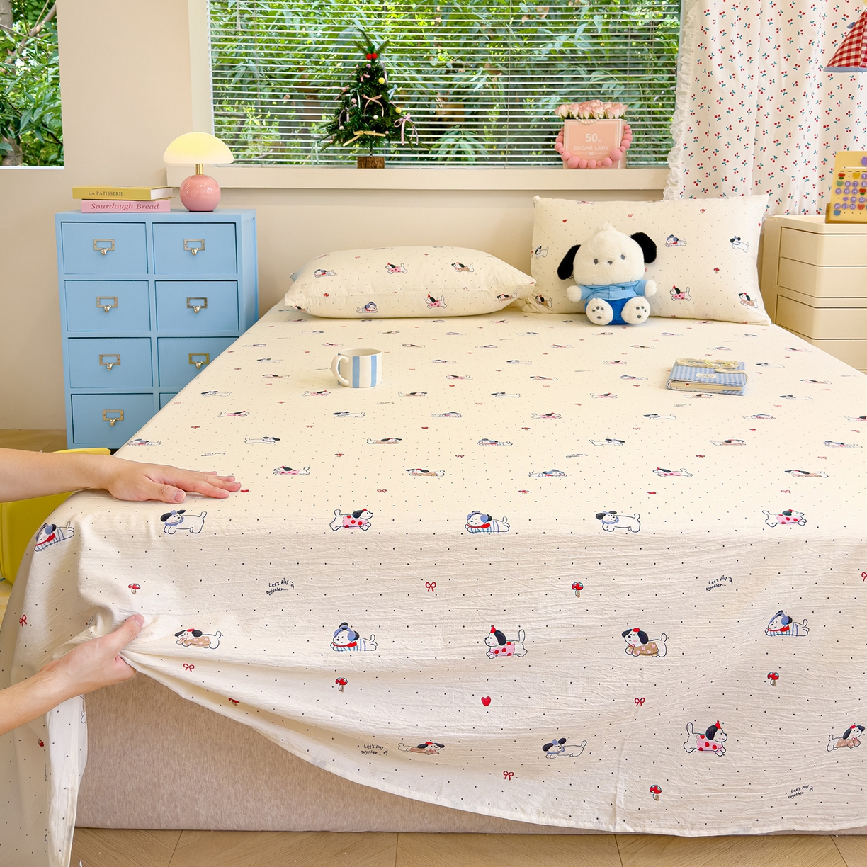 91家纺网 家纺一手货源 找家纺 颜选 2025新款A类双层纱单品床单床单单件床单三件套 狗狗派对