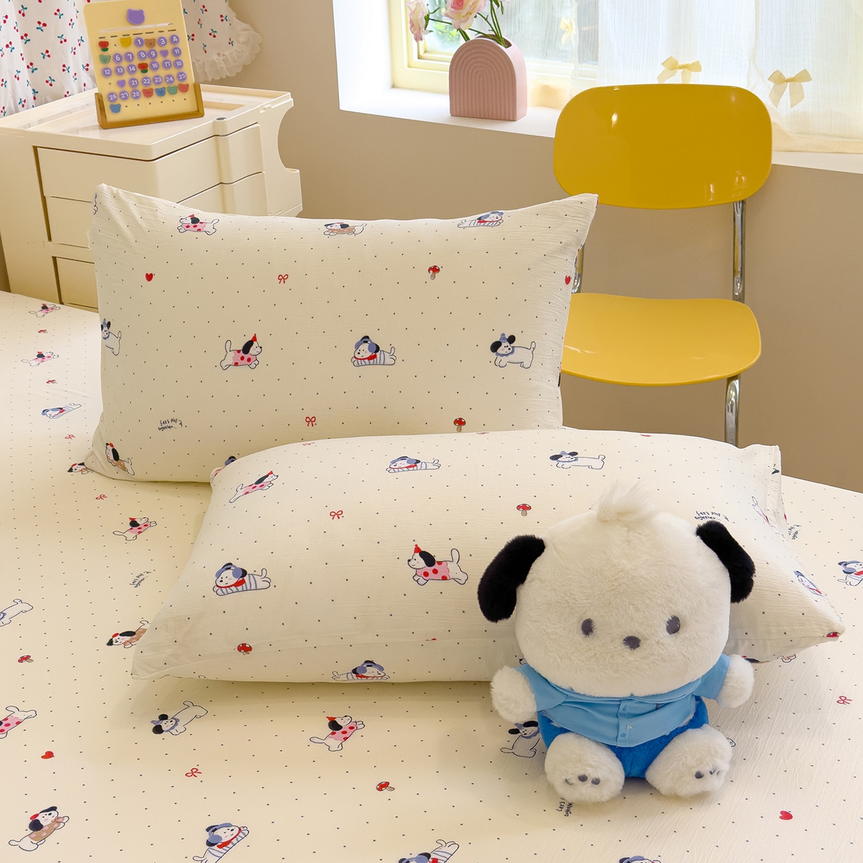 91家纺网 家纺一手货源 找家纺 颜选 2025新款A类双层纱单品床单床单单件床单三件套 狗狗派对