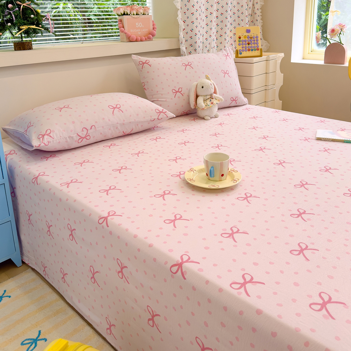 91家纺网 家纺一手货源 找家纺 颜选 2025新款A类双层纱单品床单床单单件床单三件套 波点蝴蝶