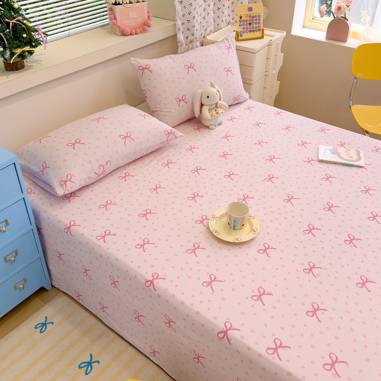 91家纺网 家纺一手货源 找家纺 颜选 2025新款A类双层纱单品床单床单单件床单三件套 波点蝴蝶