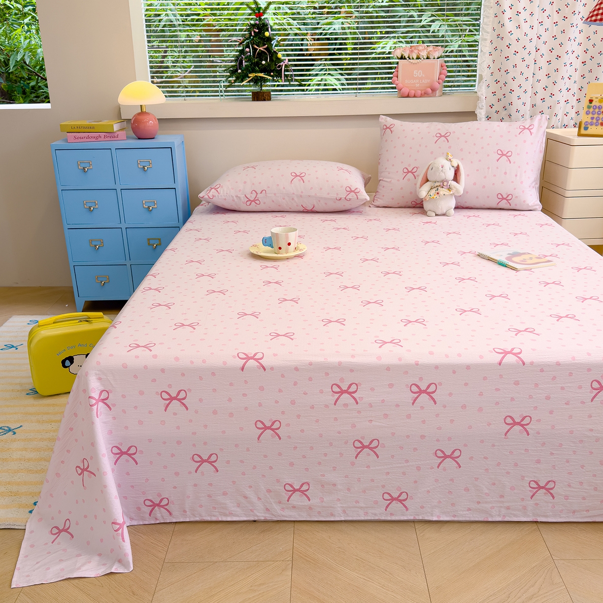 91家纺网 家纺一手货源 找家纺 颜选 2025新款A类双层纱单品床单床单单件床单三件套 波点蝴蝶