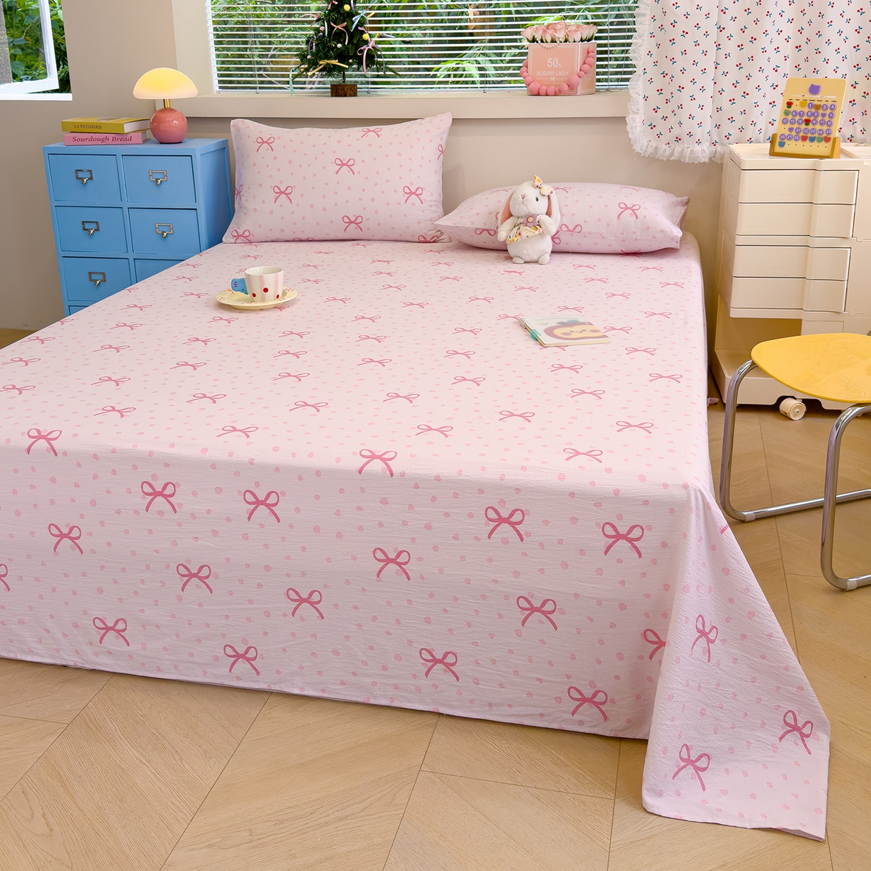 91家纺网 家纺一手货源 找家纺 颜选 2025新款A类双层纱单品床单床单单件床单三件套 波点蝴蝶