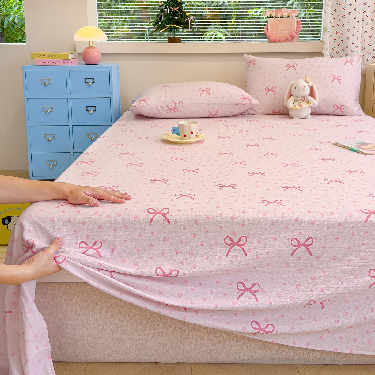 91家纺网 家纺一手货源 找家纺 颜选 2025新款A类双层纱单品床单床单单件床单三件套 波点蝴蝶