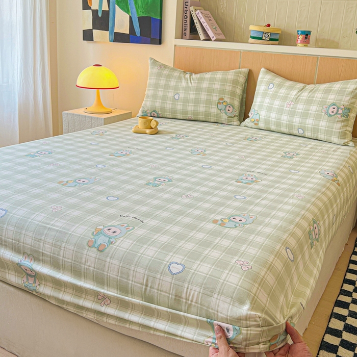 金丝鸟家纺 2025新款全棉斜纹单床笠 床笠单件 薄荷兔兔-绿