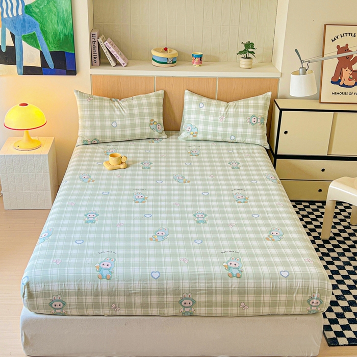 91家纺网 家纺一手货源 找家纺 金丝鸟家纺 2025新款全棉斜纹单床笠 床笠单件 薄荷兔兔-绿