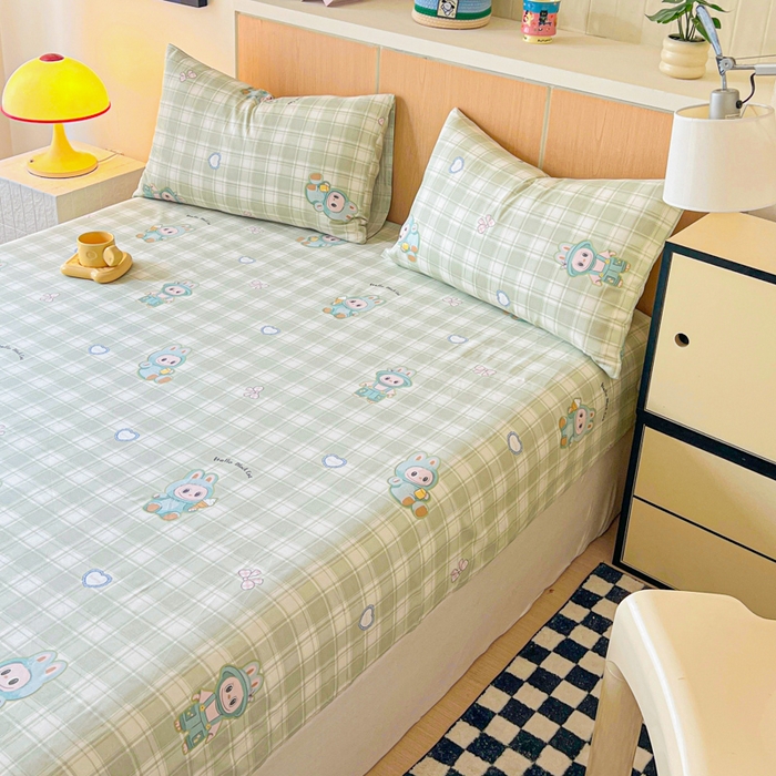 91家纺网 家纺一手货源 找家纺 金丝鸟家纺 2025新款全棉斜纹单床笠 床笠单件 薄荷兔兔-绿