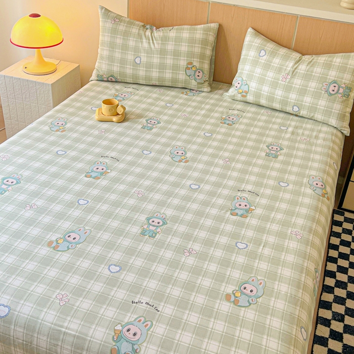 91家纺网 家纺一手货源 找家纺 金丝鸟家纺 2025新款全棉斜纹单床笠 床笠单件 薄荷兔兔-绿