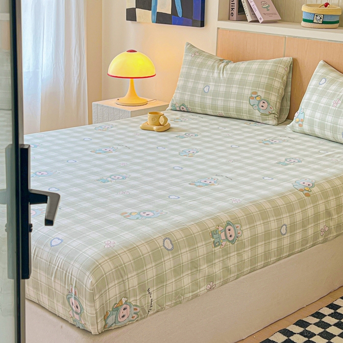 91家纺网 家纺一手货源 找家纺 金丝鸟家纺 2025新款全棉斜纹单床笠 床笠单件 薄荷兔兔-绿