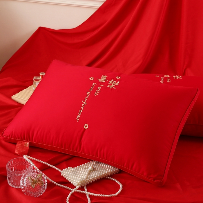 91家纺网 家纺一手货源 找家纺 四川牛皮席 2025新款全棉纯棉婚庆刺绣热熔棉枕芯 枕头枕芯 喜乐年华 48x74cm/只