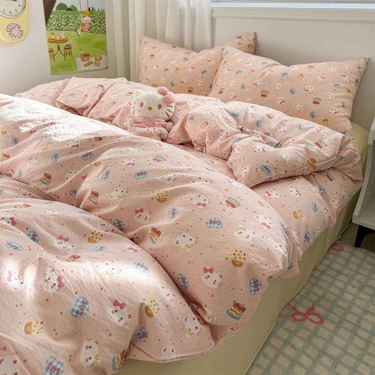 91家纺网 家纺一手货源 找家纺 多品家纺 2025新款超柔云感双层纱四件套 布丁猫