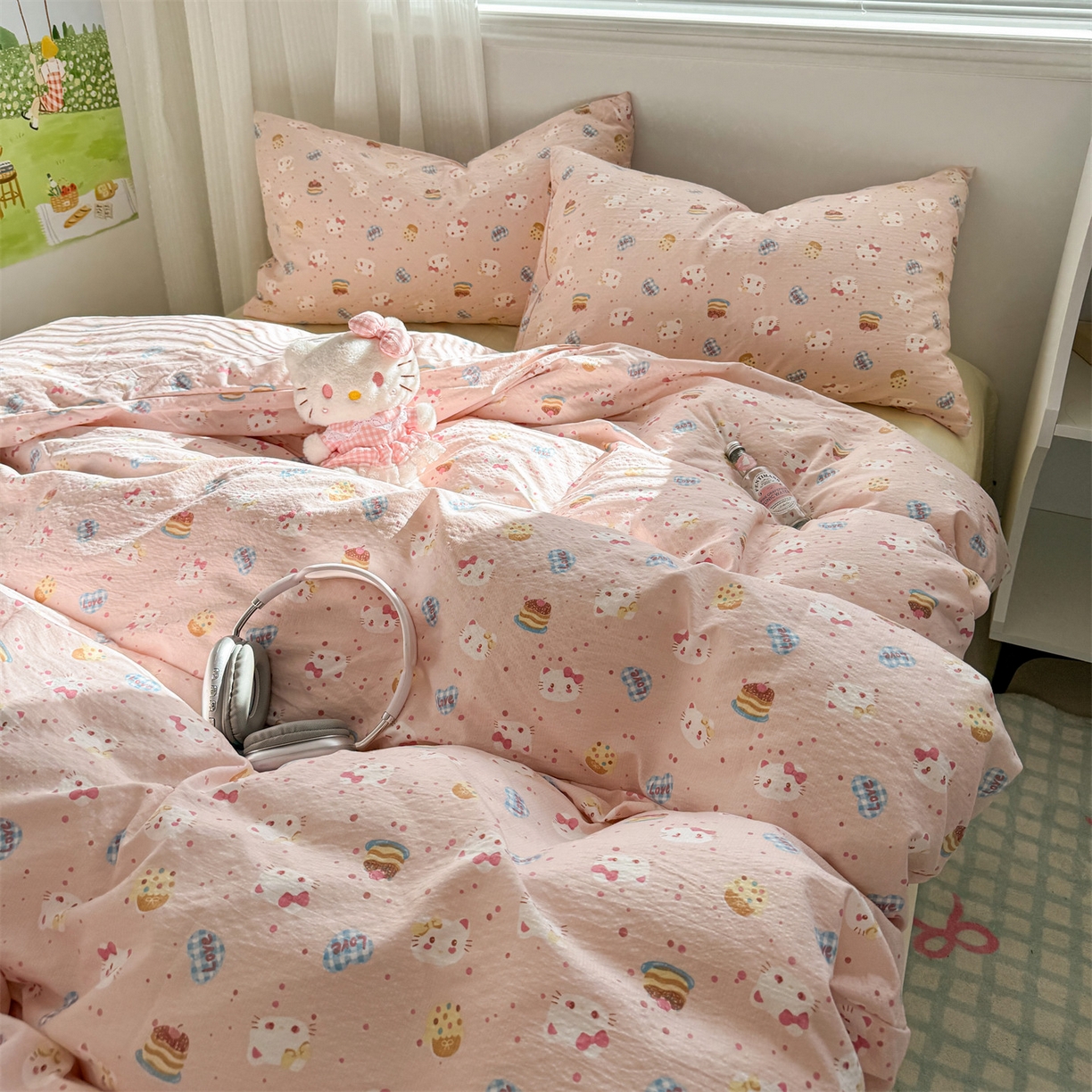 91家纺网 家纺一手货源 找家纺 多品家纺 2025新款超柔云感双层纱四件套 布丁猫