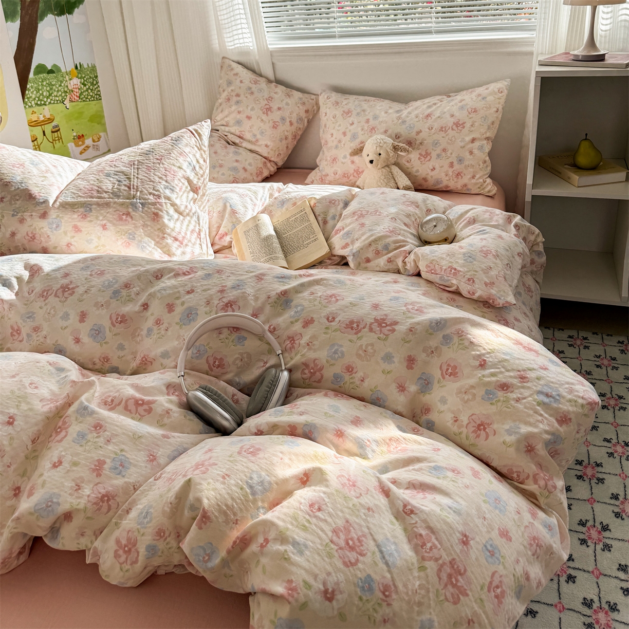 91家纺网 家纺一手货源 找家纺 多品家纺 2025新款超柔云感双层纱四件套 花城粉