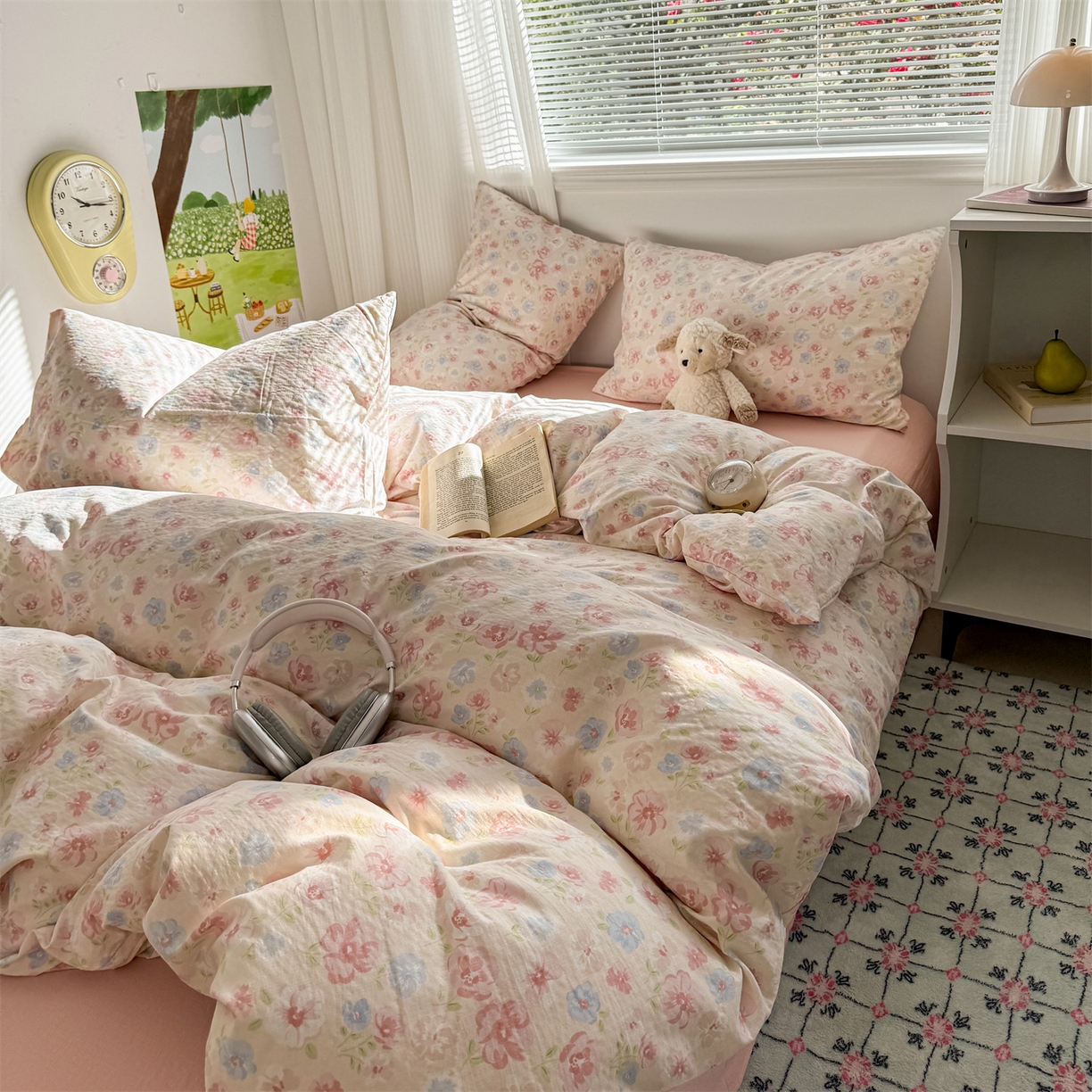 91家纺网 家纺一手货源 找家纺 多品家纺 2025新款超柔云感双层纱四件套 花城粉