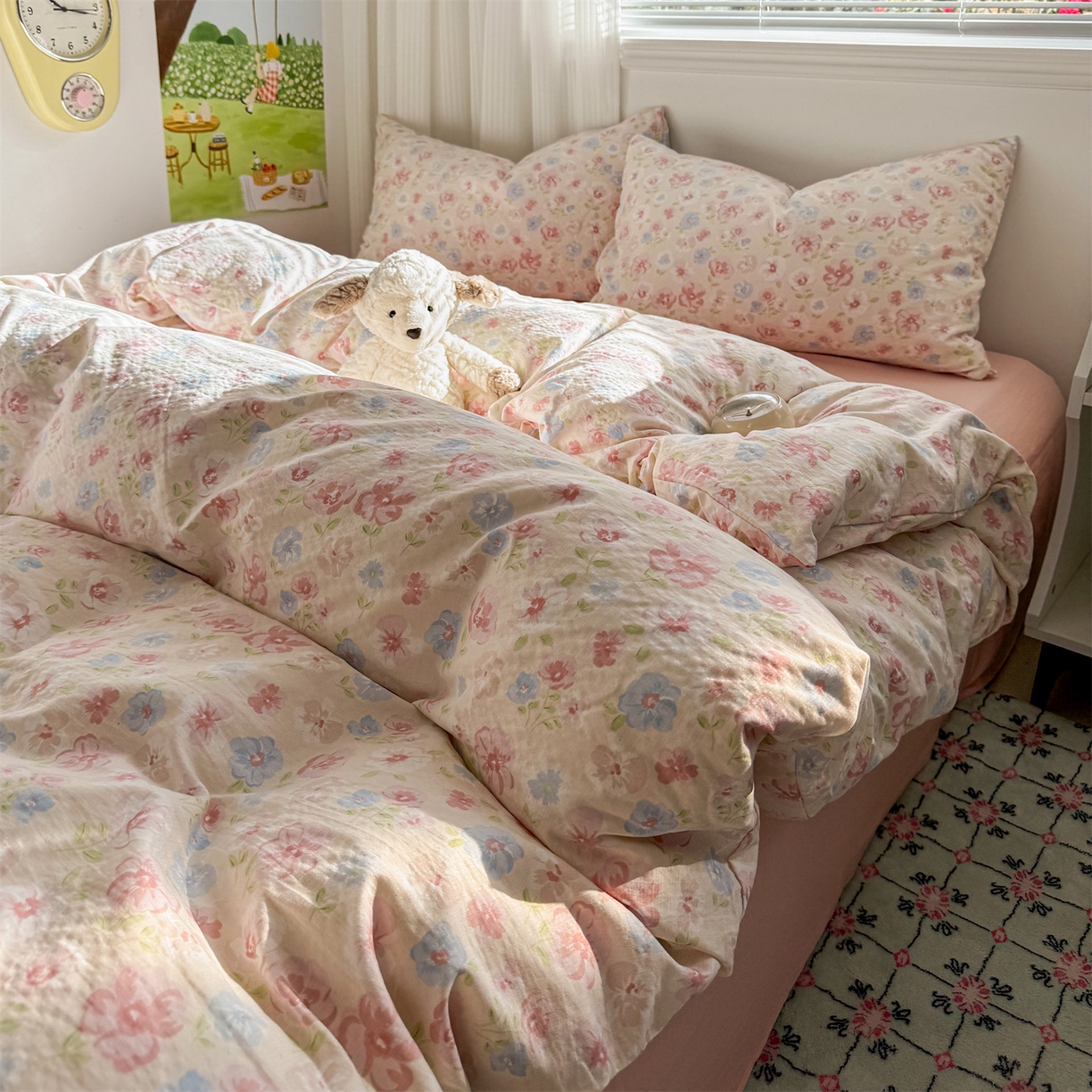 91家纺网 家纺一手货源 找家纺 多品家纺 2025新款超柔云感双层纱四件套 花城粉