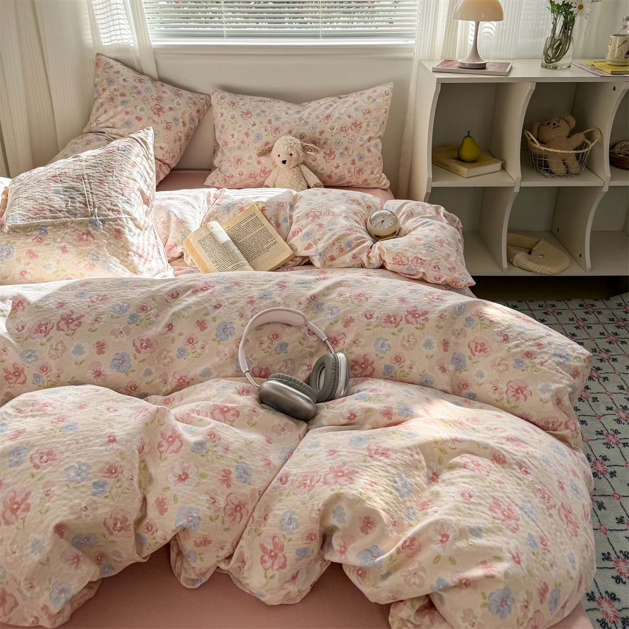 91家纺网 家纺一手货源 找家纺 多品家纺 2025新款超柔云感双层纱四件套 花城粉