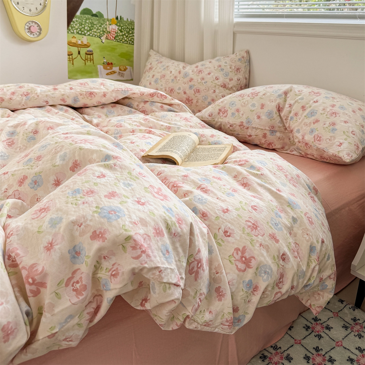 91家纺网 家纺一手货源 找家纺 多品家纺 2025新款超柔云感双层纱四件套 花城粉