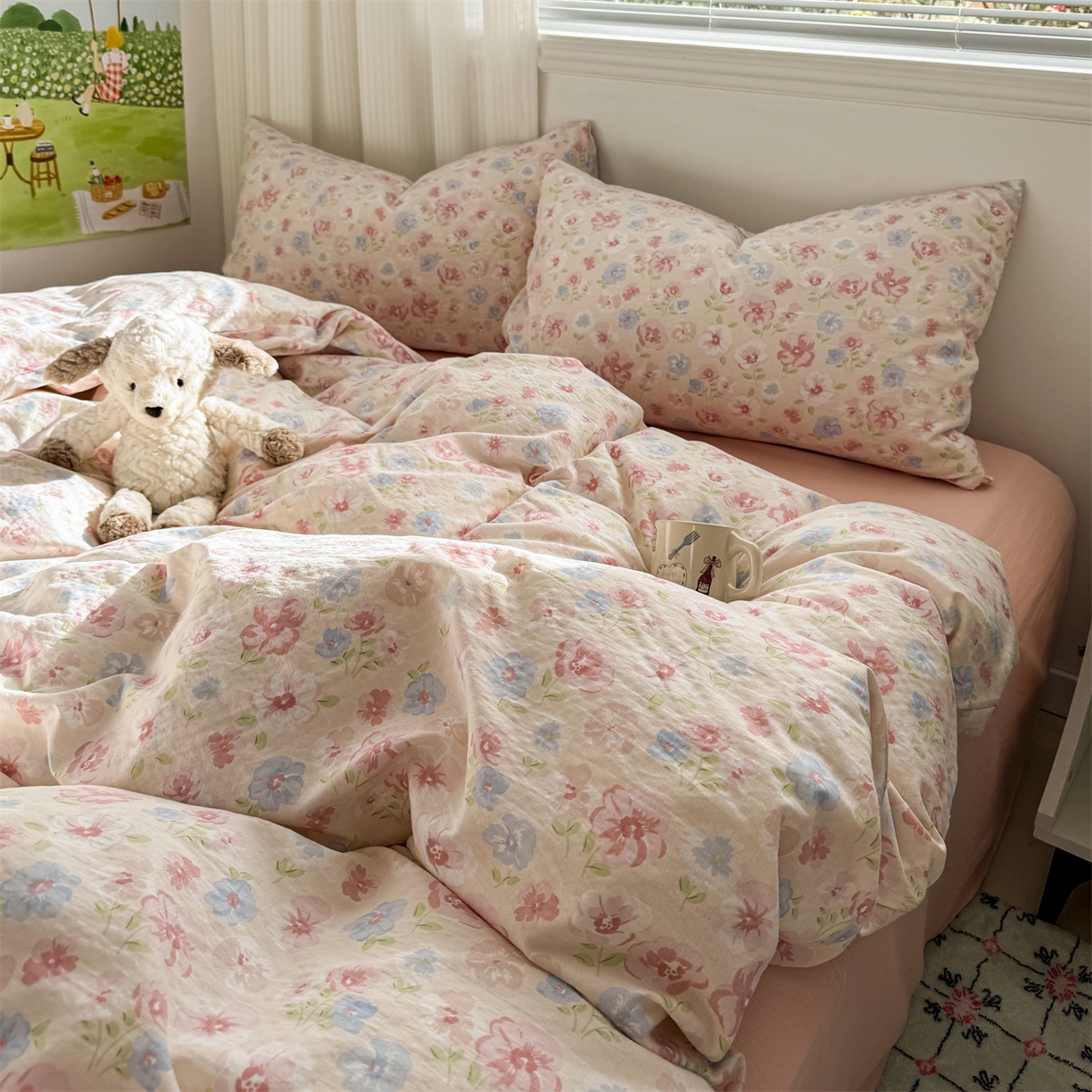 91家纺网 家纺一手货源 找家纺 多品家纺 2025新款超柔云感双层纱四件套 花城粉