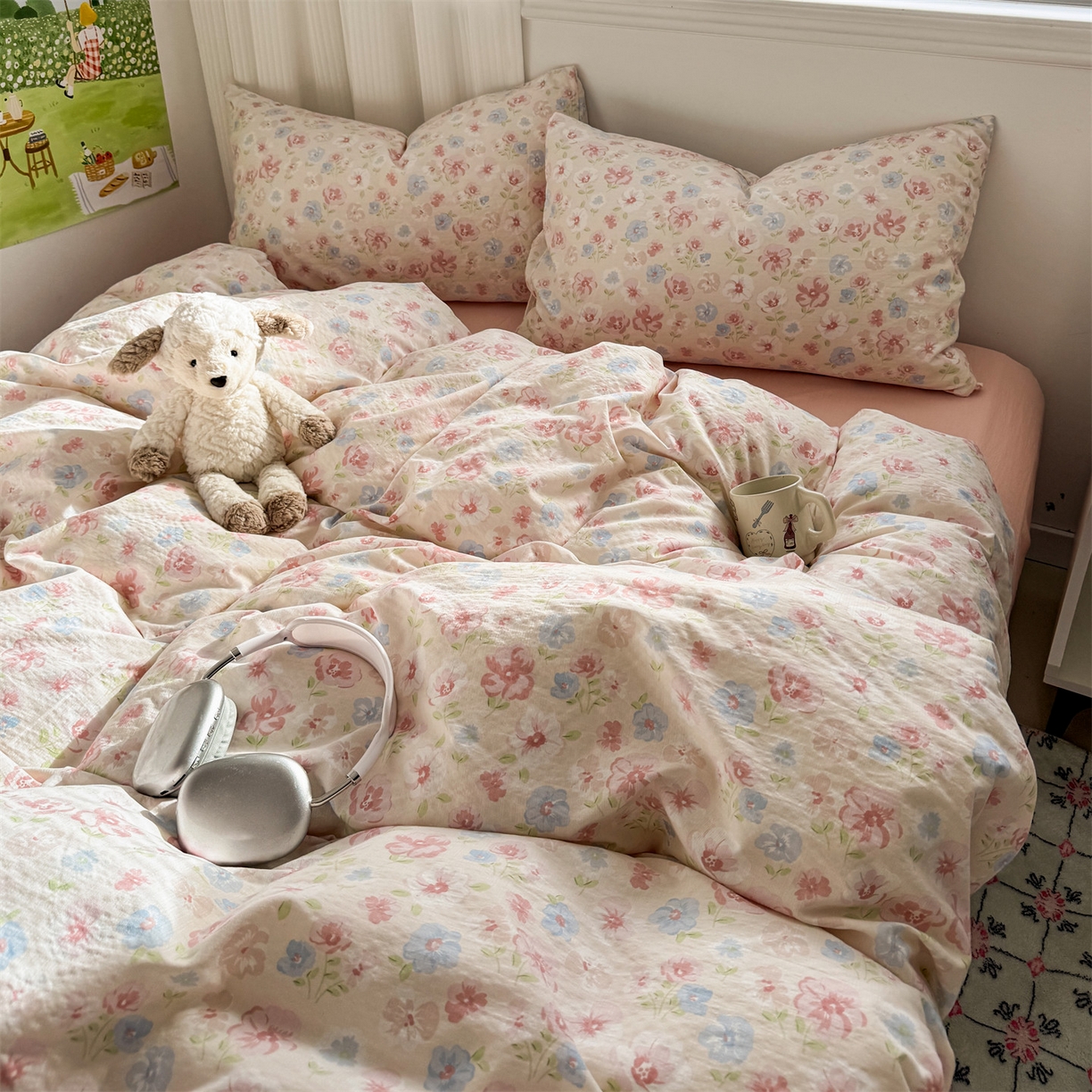 91家纺网 家纺一手货源 找家纺 多品家纺 2025新款超柔云感双层纱四件套 花城粉