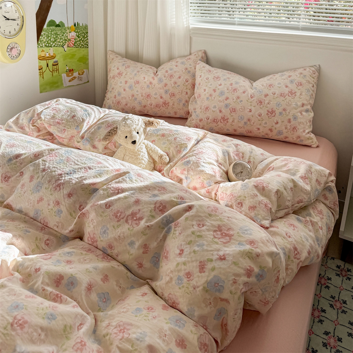 91家纺网 家纺一手货源 找家纺 多品家纺 2025新款超柔云感双层纱四件套 花城粉