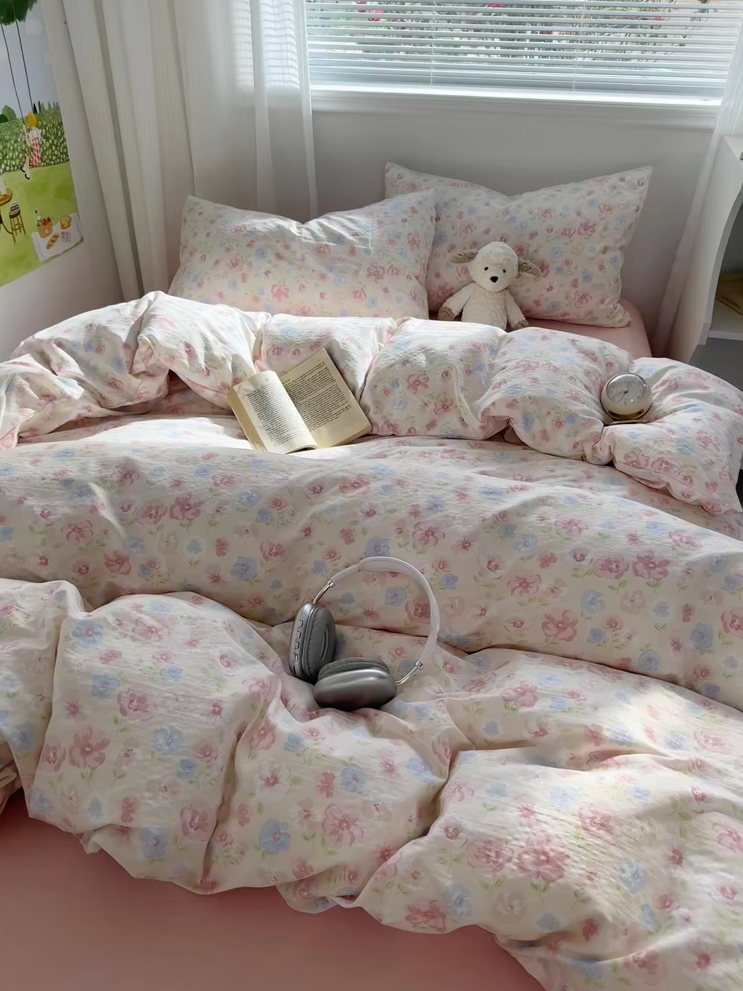 91家纺网 家纺一手货源 找家纺 多品家纺 2025新款超柔云感双层纱四件套 花城粉