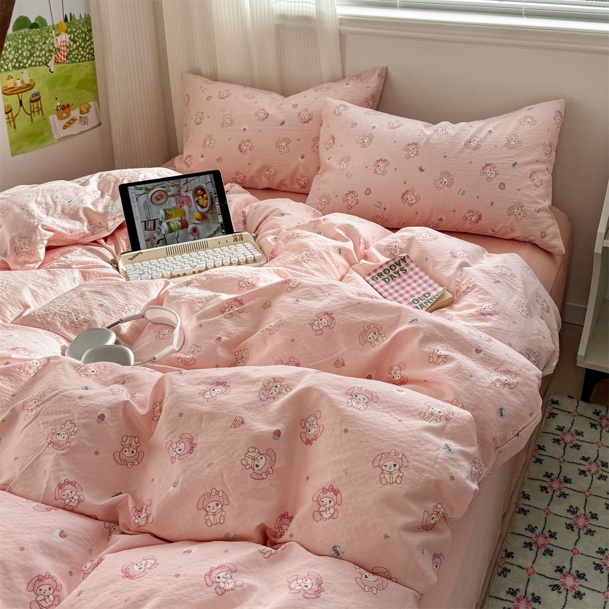 91家纺网 家纺一手货源 找家纺 多品家纺 2025新款超柔云感双层纱四件套 可爱贝贝