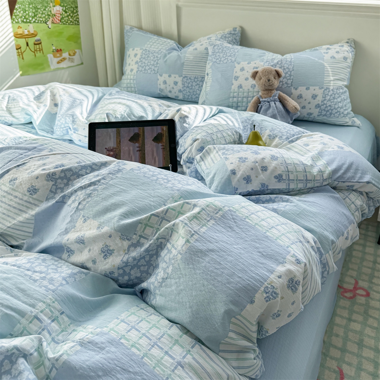 91家纺网 家纺一手货源 找家纺 多品家纺 2025新款超柔云感双层纱四件套 兰花园